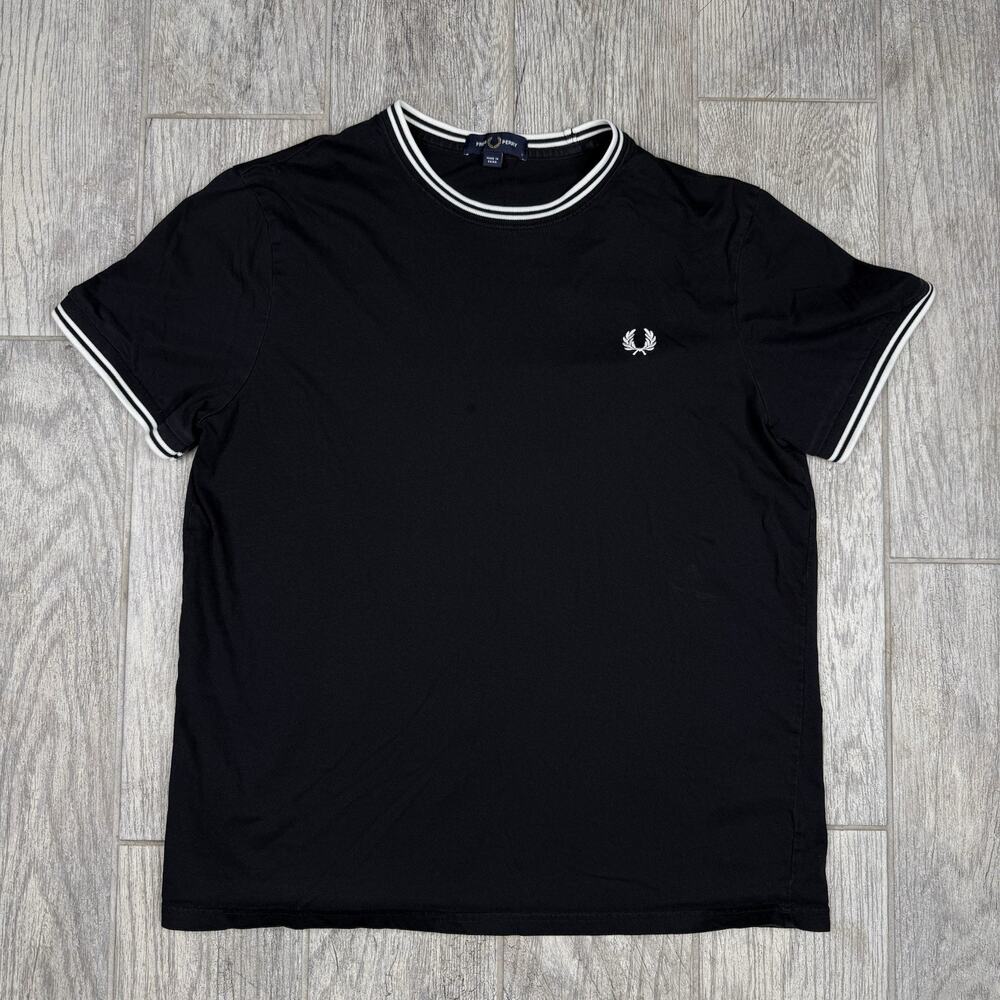 Fred Perry Twin Tipped Ringer T-Shirt White Black Crew Neck Cotton Men's L